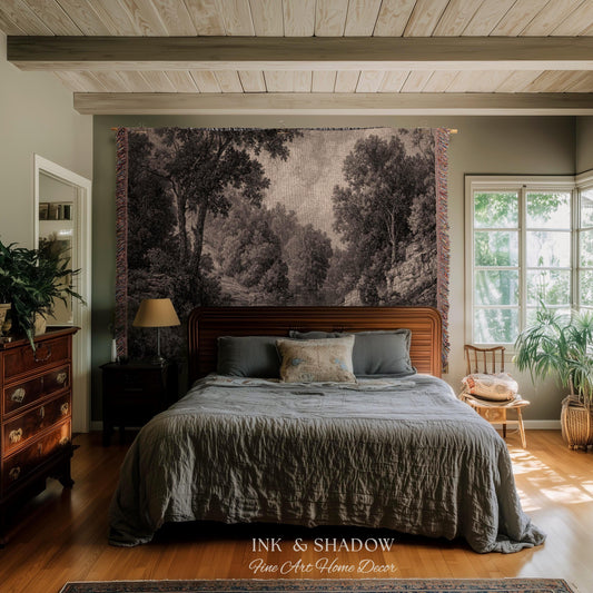 Monochromatic Mountain Lake Landscape Tapestry Wall Art | Neutral Tonal Old World Woodland Valley Waterway Woven Textile Traditional Decor