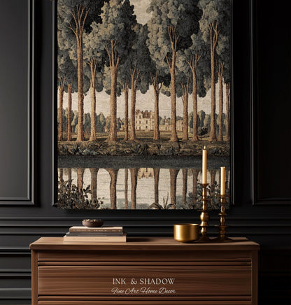 Elegant Estate Landscape Reflection Tall Tree Lined Path Tapestry Art | Classical Country Manor Waterside Grove Textile Woven Wall Hanging