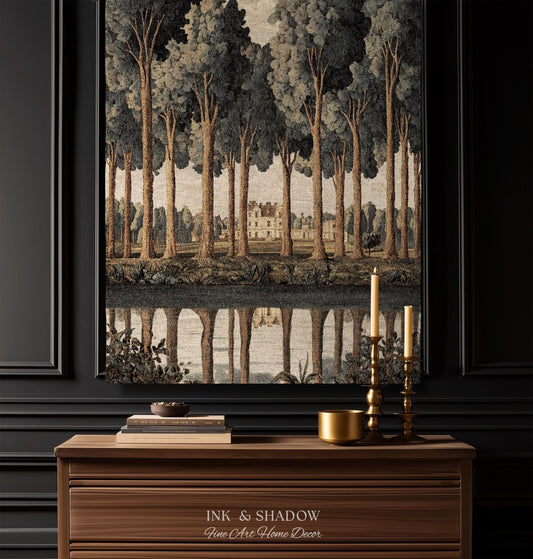 Elegant Estate Landscape Reflection Tall Tree Lined Path Tapestry Art | Classical Country Manor Waterside Grove Textile Woven Wall Hanging