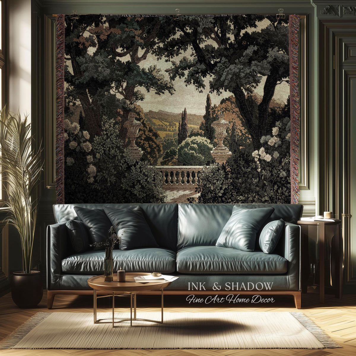 Classical Elegance Verdure Terrace Landscape European Tapestry Throw | French Chateau Garden Wall Art Traditional Jacquard Woven Blanket