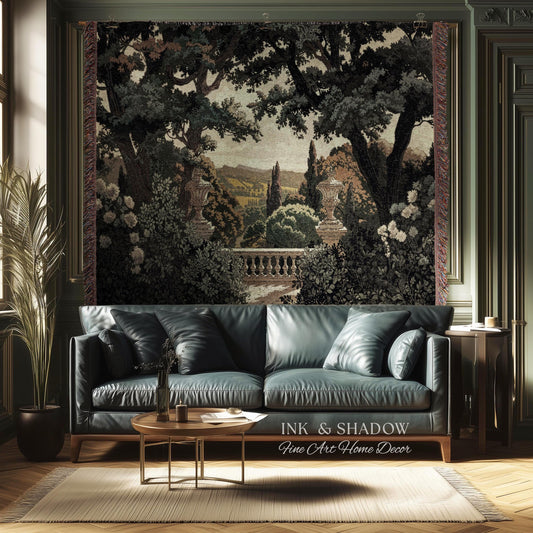 Classical Elegance Verdure Terrace Landscape European Tapestry Throw | French Chateau Garden Wall Art Traditional Jacquard Woven Blanket