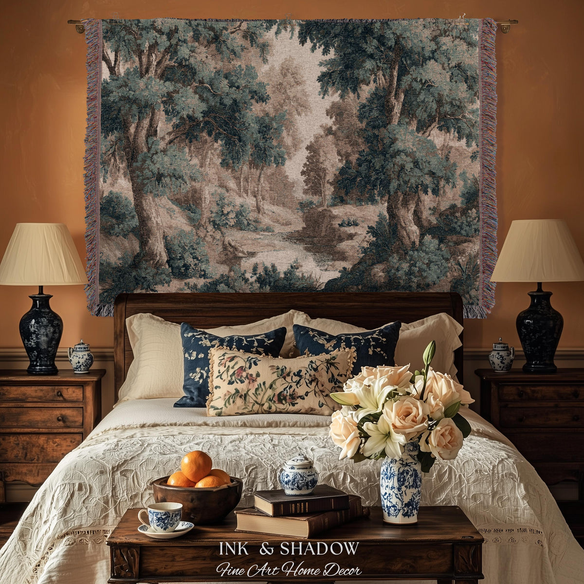 Rustic Landscape Forest River Art Woven Tapestry Throw | European Vintage Verdure Woodland Wall Decor French Jacquard Peaceful Nature Scene