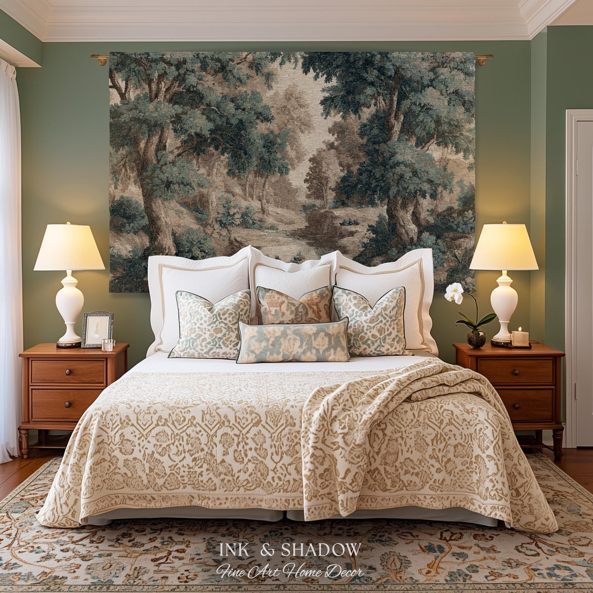 Rustic Landscape Forest River Art Woven Tapestry Throw | European Vintage Verdure Woodland Wall Decor French Jacquard Peaceful Nature Scene