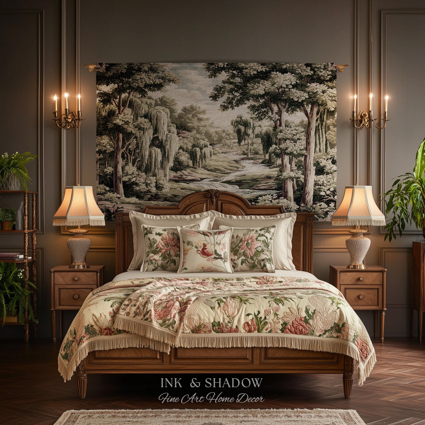 French Landscape River Scene Willow Tree Enchanted Forest Verdure Tapestry, Pastoral Wall Decor Aubusson Style Woven Throw Tranquil Home Art