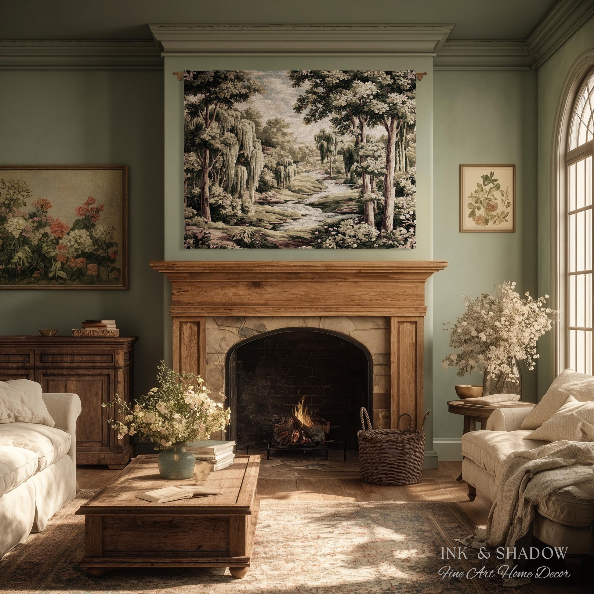 French Landscape River Scene Willow Tree Enchanted Forest Verdure Tapestry, Pastoral Wall Decor Aubusson Style Woven Throw Tranquil Home Art