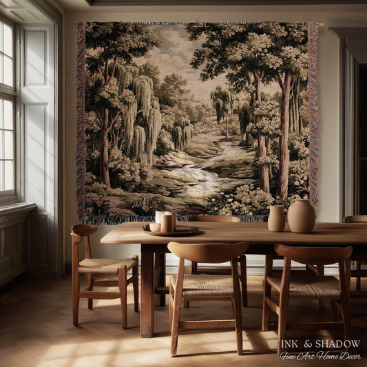 French Landscape River Scene Willow Tree Enchanted Forest Verdure Tapestry, Pastoral Wall Decor Aubusson Style Woven Throw Tranquil Home Art