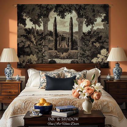 Italian Garden Scene Villa Landscape Woven Throw, Tuscan Archway Wall Art Jacquard Tapestry Blanket Serene Countryside Mediterranean Decor