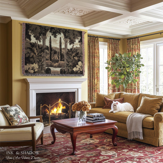 Italian Garden Scene Villa Landscape Woven Throw, Tuscan Archway Wall Art Jacquard Tapestry Blanket Serene Countryside Mediterranean Decor
