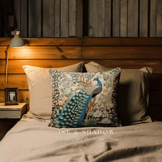 May include: A decorative throw pillow with a woven tapestry design featuring a peacock with blue and green feathers standing in a garden with flowers. The pillow is labeled "INK & SHADOW Original Fine Art Woven Pillow".