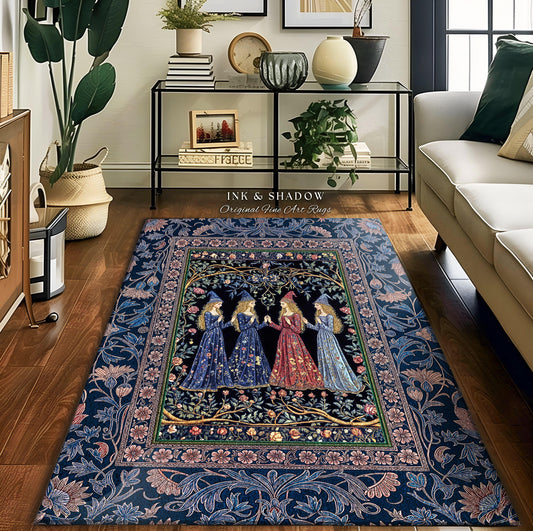 Medieval Coven Celestial Accent Rug | Moody Aesthetic Witches Enchanted Art Nouveau Gothic Ethereal Folklore Bedroom Rug Ornate Magic Decor