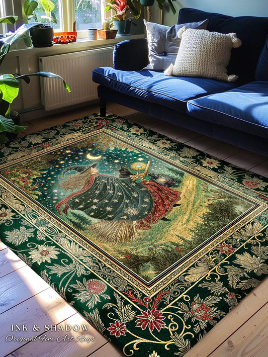 Autumn Witch Starry Celestial Rug | Gothic Decor Bewitched Black Cat Magic Cottagecore Style Enchanted Bedroom Accent Whimsical Winter Theme