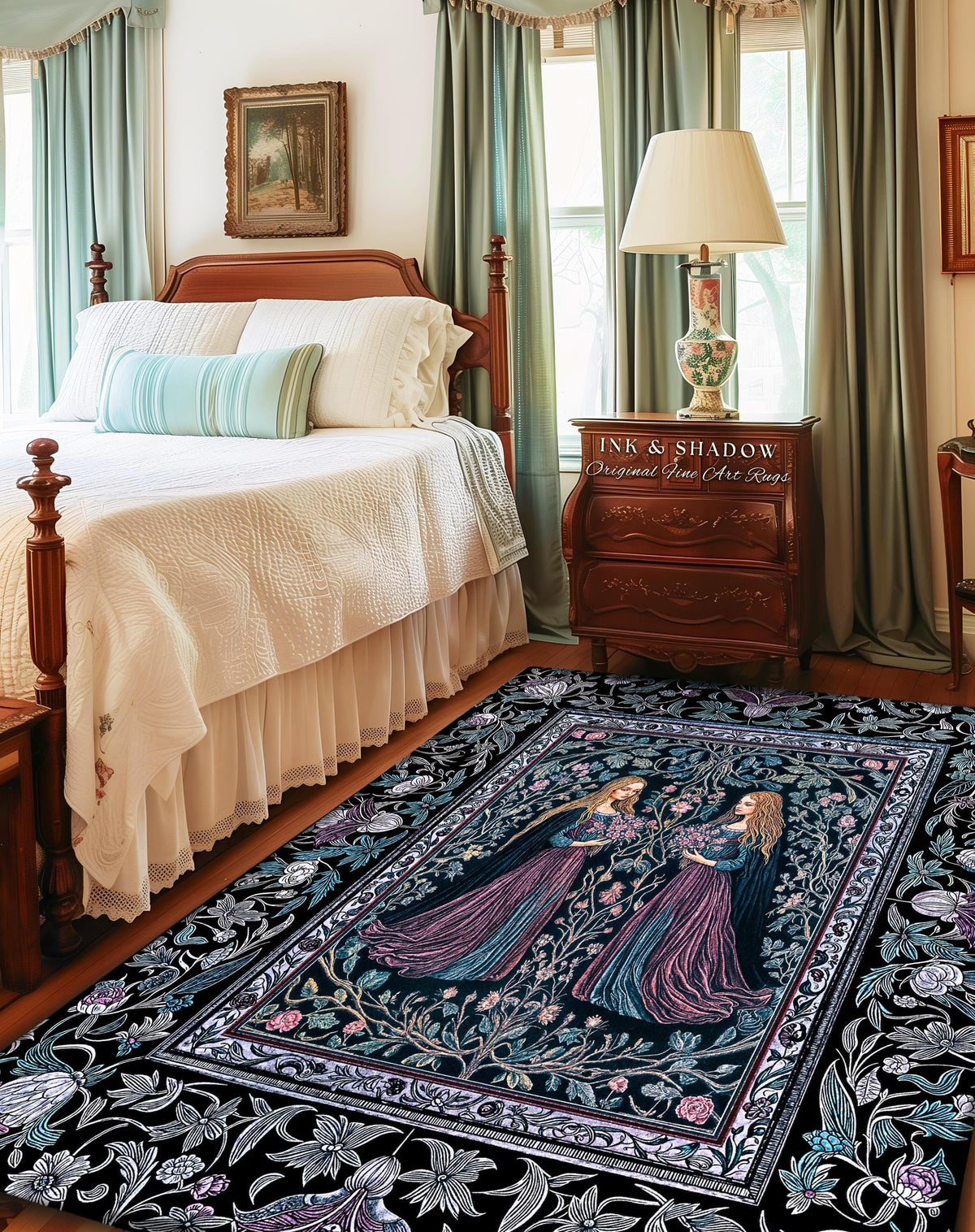 Witchy Sisters Arcane Forest Area Rug | Celestial Witchcraft Baroque Folklore Bedroom Accent Fairytale Gothic Storybook Aesthetic Moody Goth