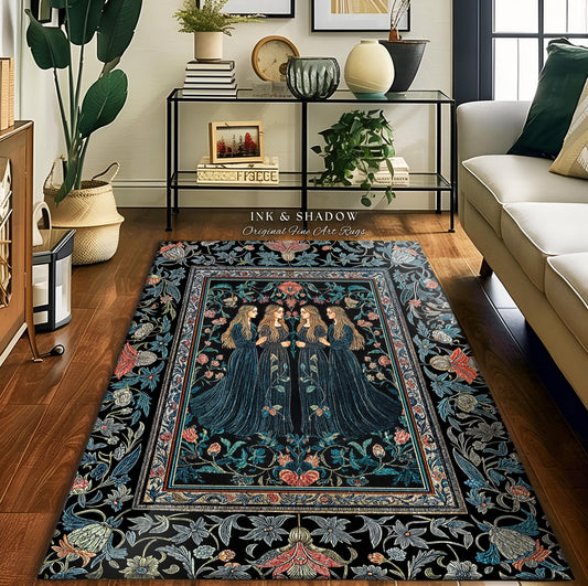 May include: A rectangular black rug with a floral border and a central image of four women in long blue dresses. The rug has a detailed floral pattern in shades of blue, red, and green. The text "INK & SHADOW Original Fine Art Rugs" is visible.