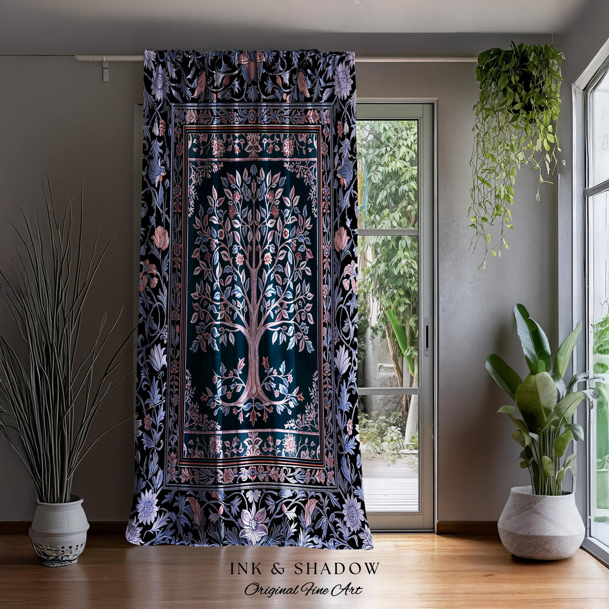 May include: Dark teal curtain with a detailed tree of life design in pink, white, and blue. The curtain is framed by floral and leaf patterns. The text "INK & SHADOW Original Fine Art" is at the bottom.