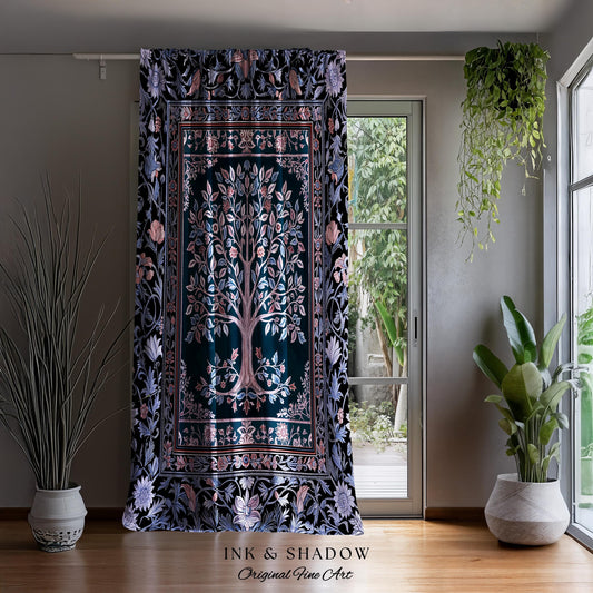 May include: Dark teal curtain with a detailed tree of life design in pink, white, and blue. The curtain is framed by floral and leaf patterns. The text "INK & SHADOW Original Fine Art" is at the bottom.