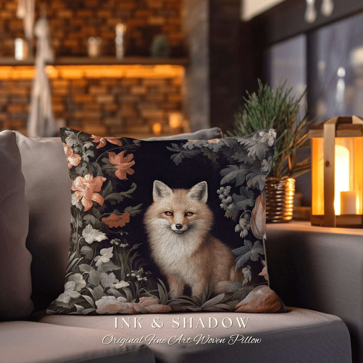 May include: A decorative pillow featuring a fox surrounded by flowers. The pillow has a dark background with a woven texture. The fox is brown and white with a bushy tail. The flowers are in shades of pink and green. The text "INK & SHADOW Original Fine Art Woven Pillow" is printed on the bottom of the pillow.