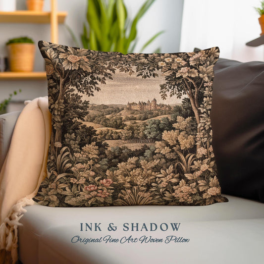 May include: A woven pillow featuring a tapestry-style image of a castle nestled in a lush green forest. The pillow has a brown background with shades of green, brown, and beige. The text "INK & SHADOW Original Fine Art Woven Pillow" is printed on the bottom of the pillow.