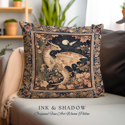 May include: A square pillow with a woven tapestry design featuring a golden dragon in a forest setting with a full moon and a butterfly. The pillow has a dark blue background with a gold border and the words "Ink & Shadow Original Fine Art Woven Pillow" printed below.