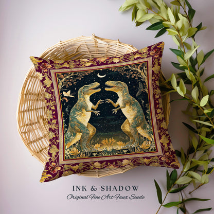 Medieval T-Rex Pillow Vintage Celestial Night Sky Enchanted Woodland Gothic Decor, Dark Nature Dinosaur Baroque Elegance Folklore Cushion |