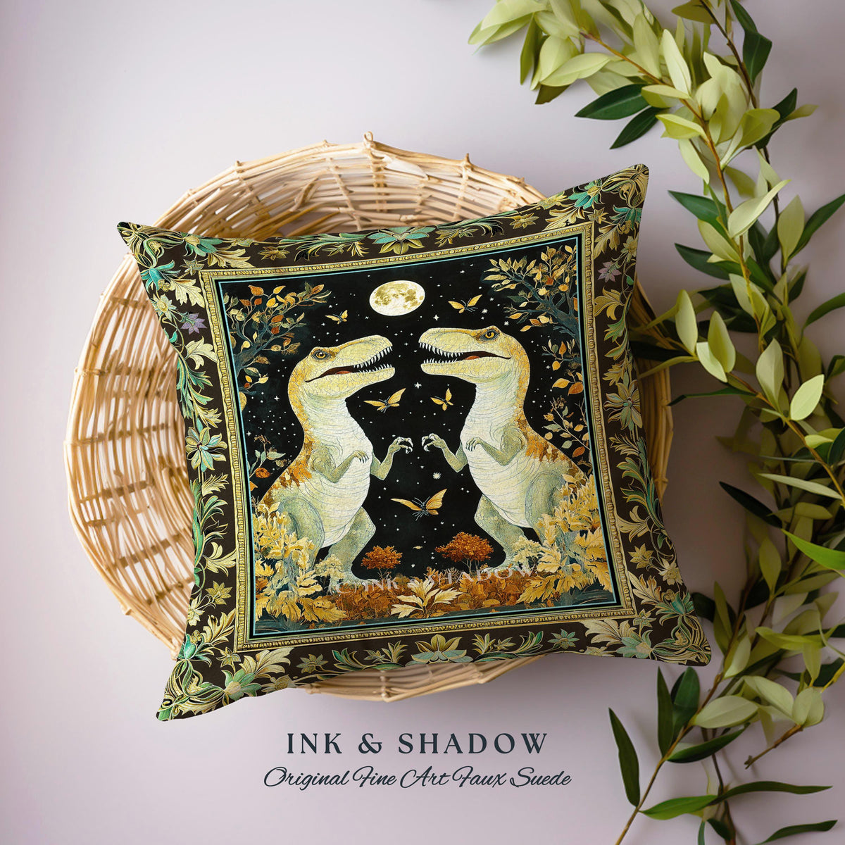Mystical T-Rex Pillow Celestial Night Enchanted Forest Decor | Whimsical Dark Woodland Whimsy Vintage Dinosaur Art Fantasy Forestcore Accent