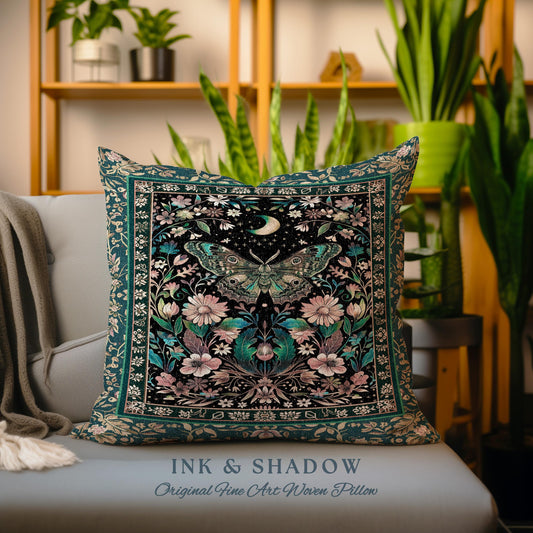 Celestial Cottagecore Floral Moth Woven Pillow Woodland Gothic Decor, Fairycore Forest Tapestry Cushion Whimsigothic Witchy Dark Botanicals