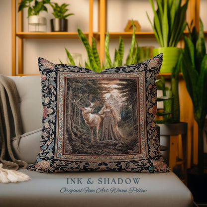 Enchanted Woods Fairytale Woven Pillow | Dark Cottagecore Whimsical Royal Gothic Folklore Inspired Woodland Magic Landscape Tapestry Cushion