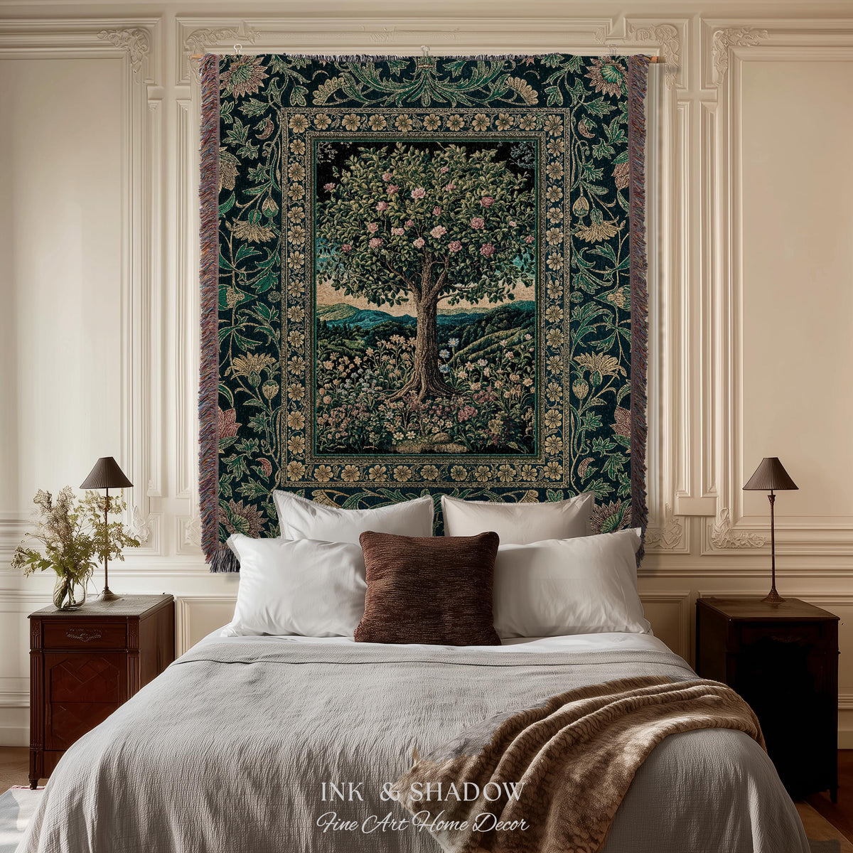 Countryside Sunset Tree of Life Blanket | Elegant Floral Landscape Wildflower Decor Nature Inspired Cottagecore Woven Tapestry Storybook |