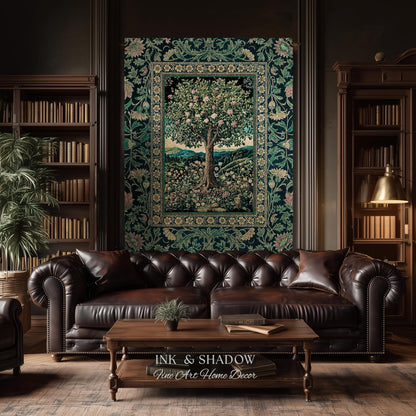 Countryside Sunset Tree of Life Blanket | Elegant Floral Landscape Wildflower Decor Nature Inspired Cottagecore Woven Tapestry Storybook |