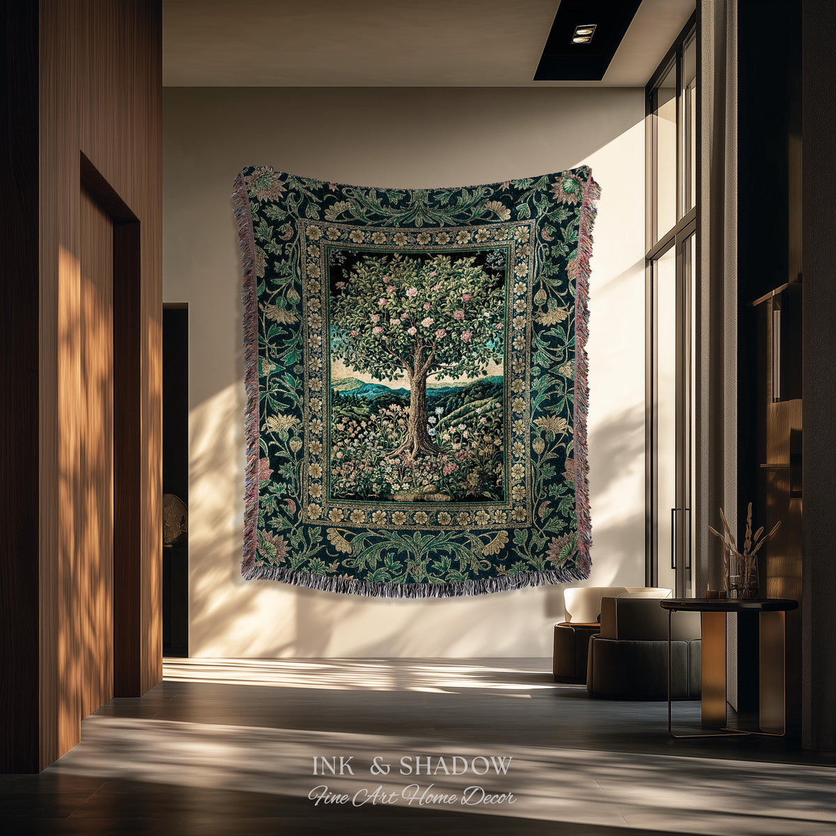 Countryside Sunset Tree of Life Blanket | Elegant Floral Landscape Wildflower Decor Nature Inspired Cottagecore Woven Tapestry Storybook |