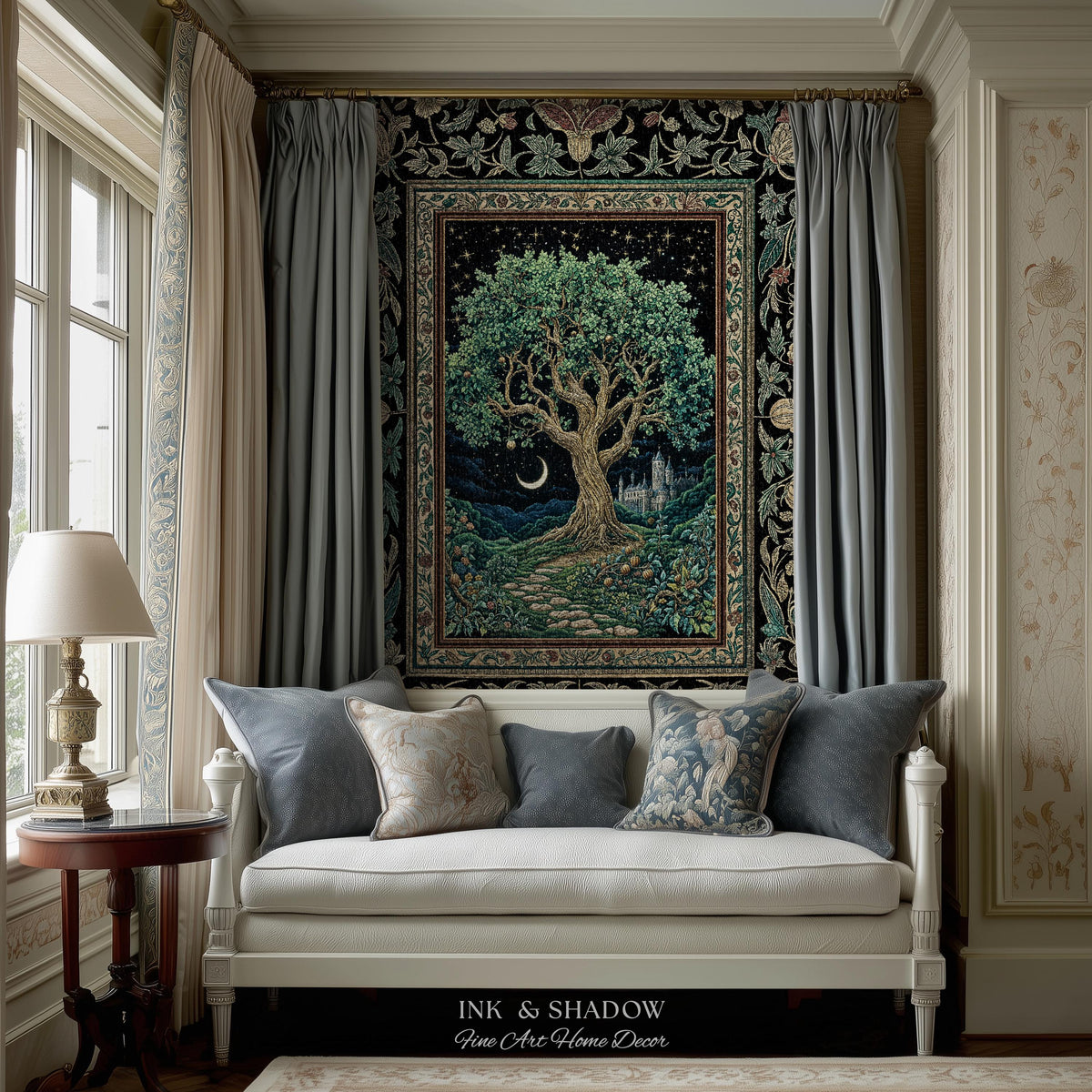 Fantasy Castle Tree of Life Throw Blanket | Celestial Moon Decor Star Garden Design Folklore Inspired Tapestry Enchanted Forest Medieval |