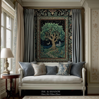 Fantasy Castle Tree of Life Throw Blanket | Celestial Moon Decor Star Garden Design Folklore Inspired Tapestry Enchanted Forest Medieval |