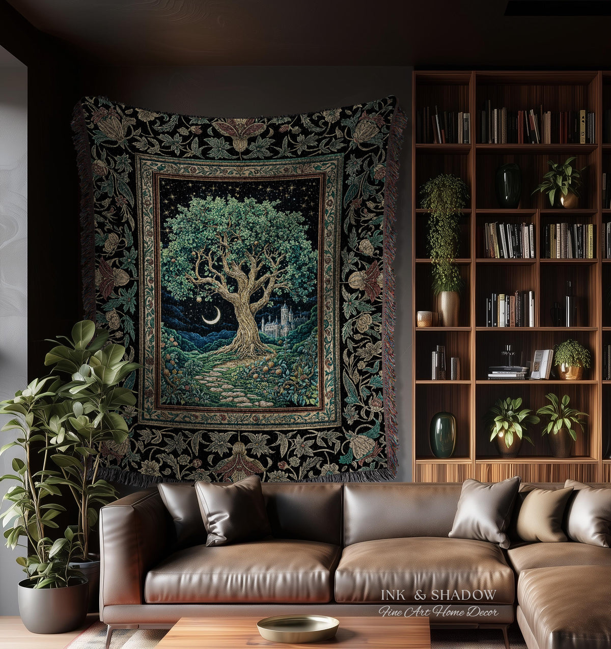 Fantasy Castle Tree of Life Throw Blanket | Celestial Moon Decor Star Garden Design Folklore Inspired Tapestry Enchanted Forest Medieval |