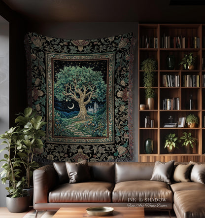 Fantasy Castle Tree of Life Throw Blanket | Celestial Moon Decor Star Garden Design Folklore Inspired Tapestry Enchanted Forest Medieval |