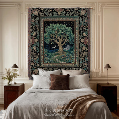 Fantasy Castle Tree of Life Throw Blanket | Celestial Moon Decor Star Garden Design Folklore Inspired Tapestry Enchanted Forest Medieval |