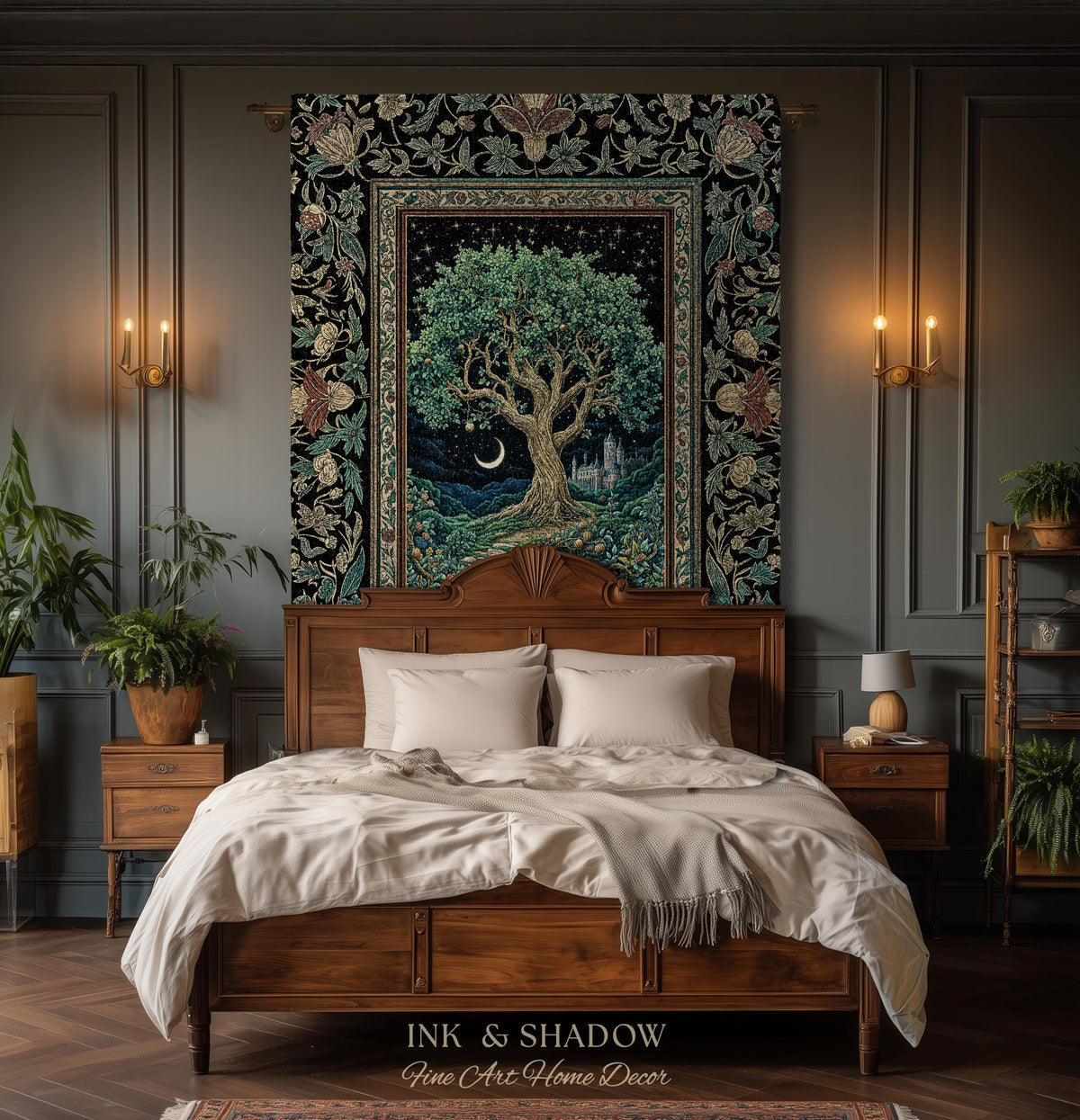 Fantasy Castle Tree of Life Throw Blanket | Celestial Moon Decor Star Garden Design Folklore Inspired Tapestry Enchanted Forest Medieval |