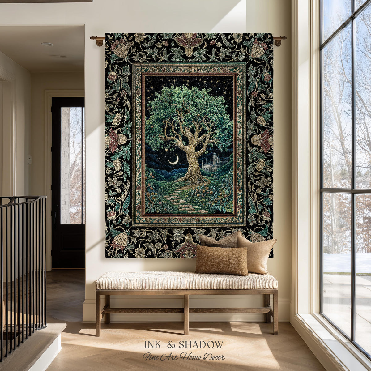 Fantasy Castle Tree of Life Throw Blanket | Celestial Moon Decor Star Garden Design Folklore Inspired Tapestry Enchanted Forest Medieval |