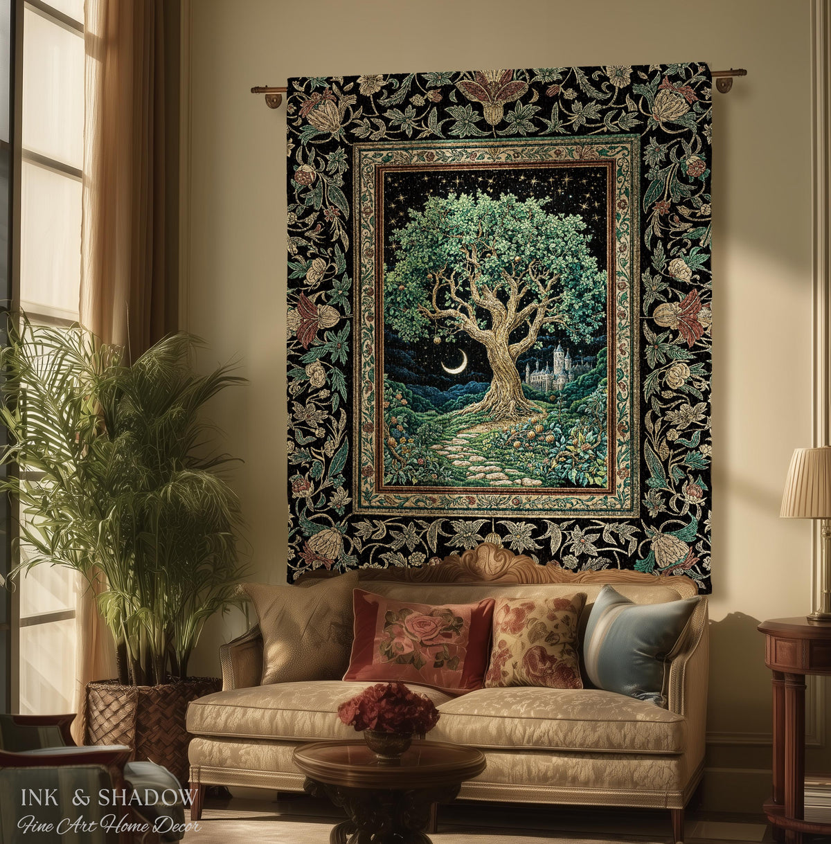 Fantasy Castle Tree of Life Throw Blanket | Celestial Moon Decor Star Garden Design Folklore Inspired Tapestry Enchanted Forest Medieval |