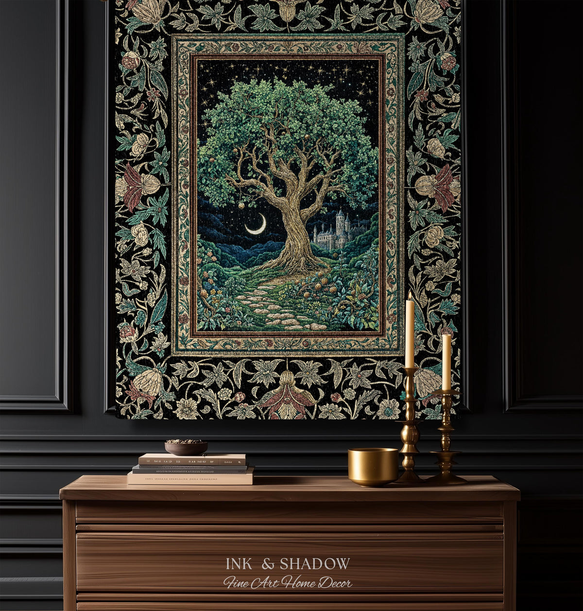 Fantasy Castle Tree of Life Throw Blanket | Celestial Moon Decor Star Garden Design Folklore Inspired Tapestry Enchanted Forest Medieval |