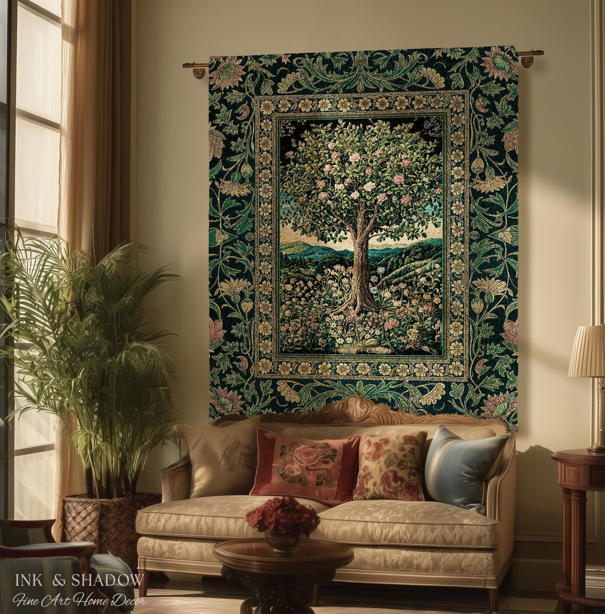Countryside Sunset Tree of Life Blanket | Elegant Floral Landscape Wildflower Decor Nature Inspired Cottagecore Woven Tapestry Storybook |