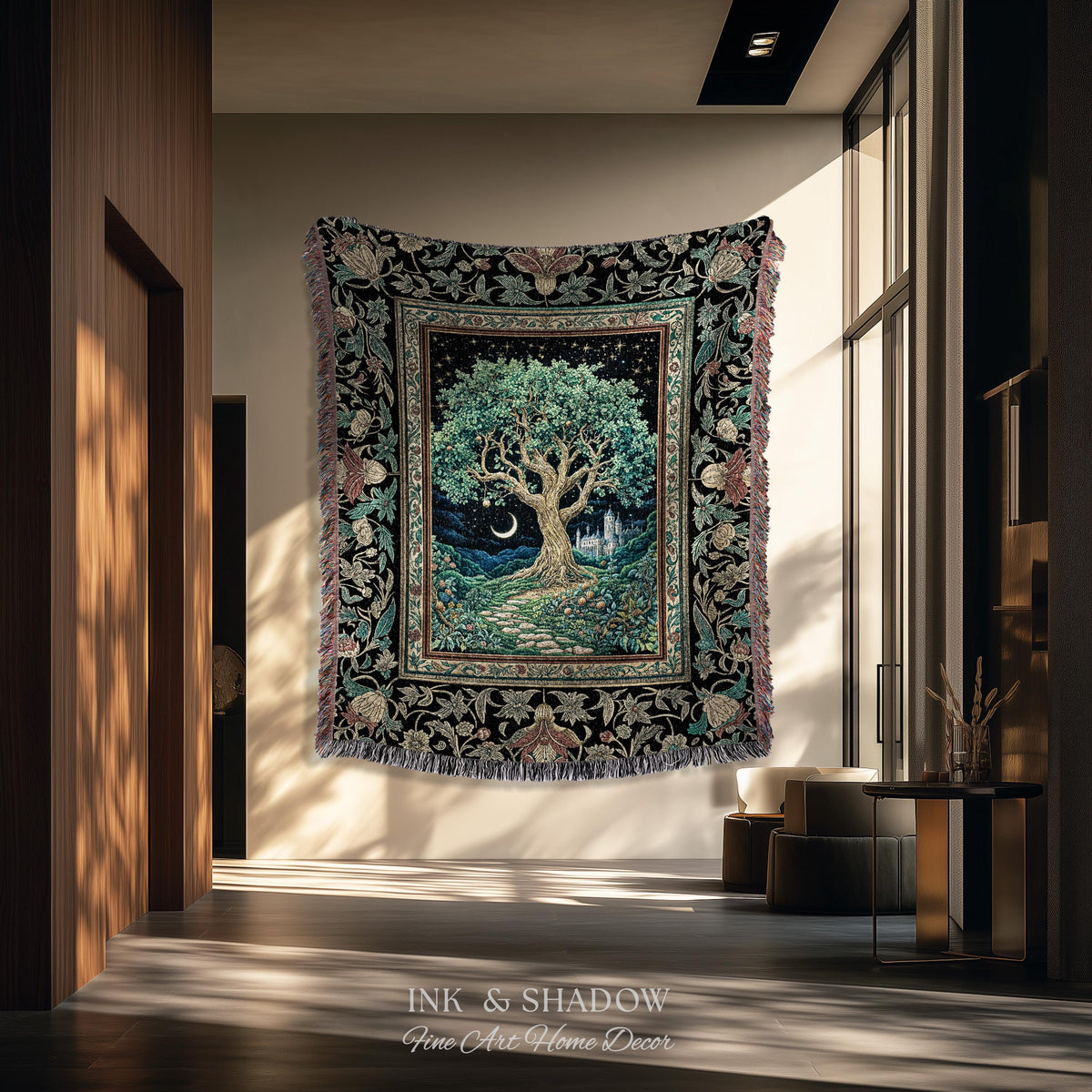 Fantasy Castle Tree of Life Throw Blanket | Celestial Moon Decor Star Garden Design Folklore Inspired Tapestry Enchanted Forest Medieval |