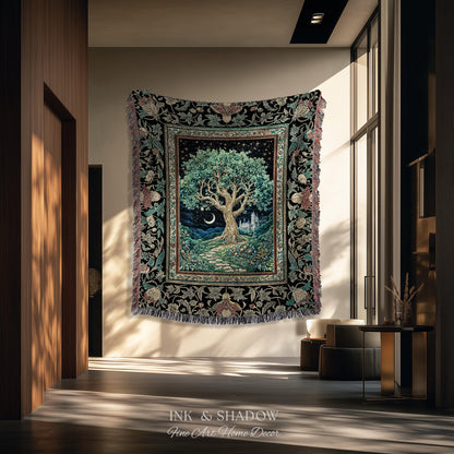 Fantasy Castle Tree of Life Throw Blanket | Celestial Moon Decor Star Garden Design Folklore Inspired Tapestry Enchanted Forest Medieval |