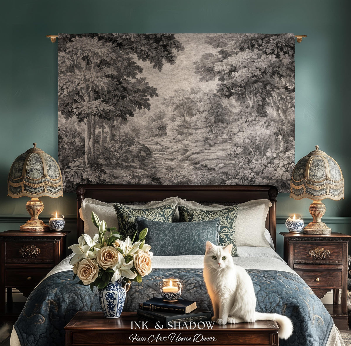 Soft Monochrome Scenic Landscape Tapestry Wall Hanging | Neutral Gray Woodland Stream Botanical Grove Woven Throw Classical Art Home Decor