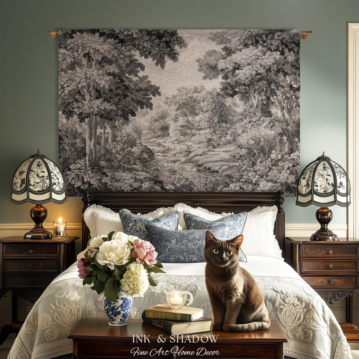 Soft Monochrome Scenic Landscape Tapestry Wall Hanging | Neutral Gray Woodland Stream Botanical Grove Woven Throw Classical Art Home Decor