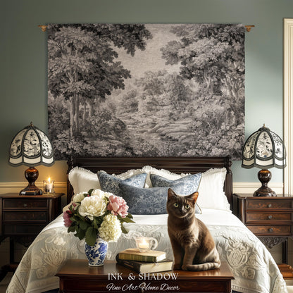 Soft Monochrome Scenic Landscape Tapestry Wall Hanging | Neutral Gray Woodland Stream Botanical Grove Woven Throw Classical Art Home Decor