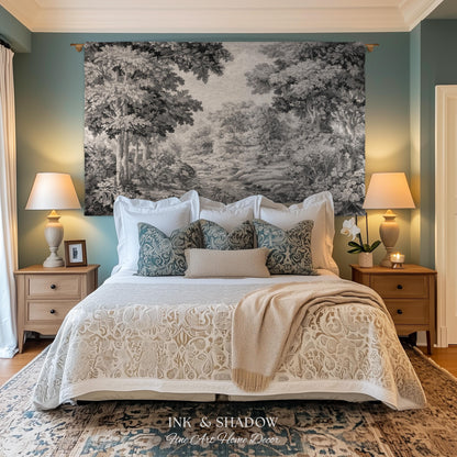Soft Monochrome Scenic Landscape Tapestry Wall Hanging | Neutral Gray Woodland Stream Botanical Grove Woven Throw Classical Art Home Decor