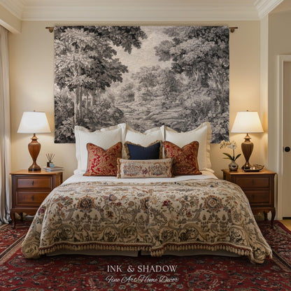 Soft Monochrome Scenic Landscape Tapestry Wall Hanging | Neutral Gray Woodland Stream Botanical Grove Woven Throw Classical Art Home Decor