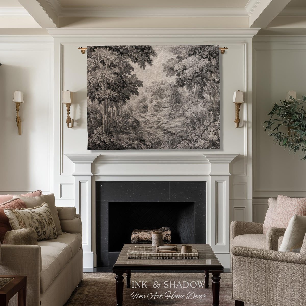 Soft Monochrome Scenic Landscape Tapestry Wall Hanging | Neutral Gray Woodland Stream Botanical Grove Woven Throw Classical Art Home Decor