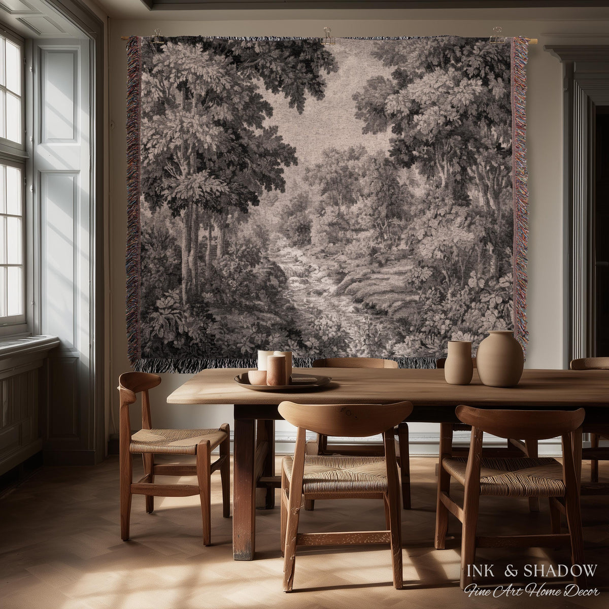 Soft Monochrome Scenic Landscape Tapestry Wall Hanging | Neutral Gray Woodland Stream Botanical Grove Woven Throw Classical Art Home Decor