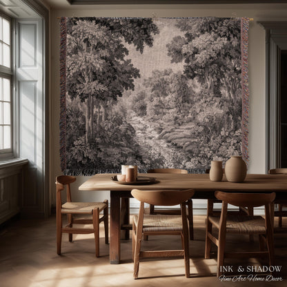 Soft Monochrome Scenic Landscape Tapestry Wall Hanging | Neutral Gray Woodland Stream Botanical Grove Woven Throw Classical Art Home Decor