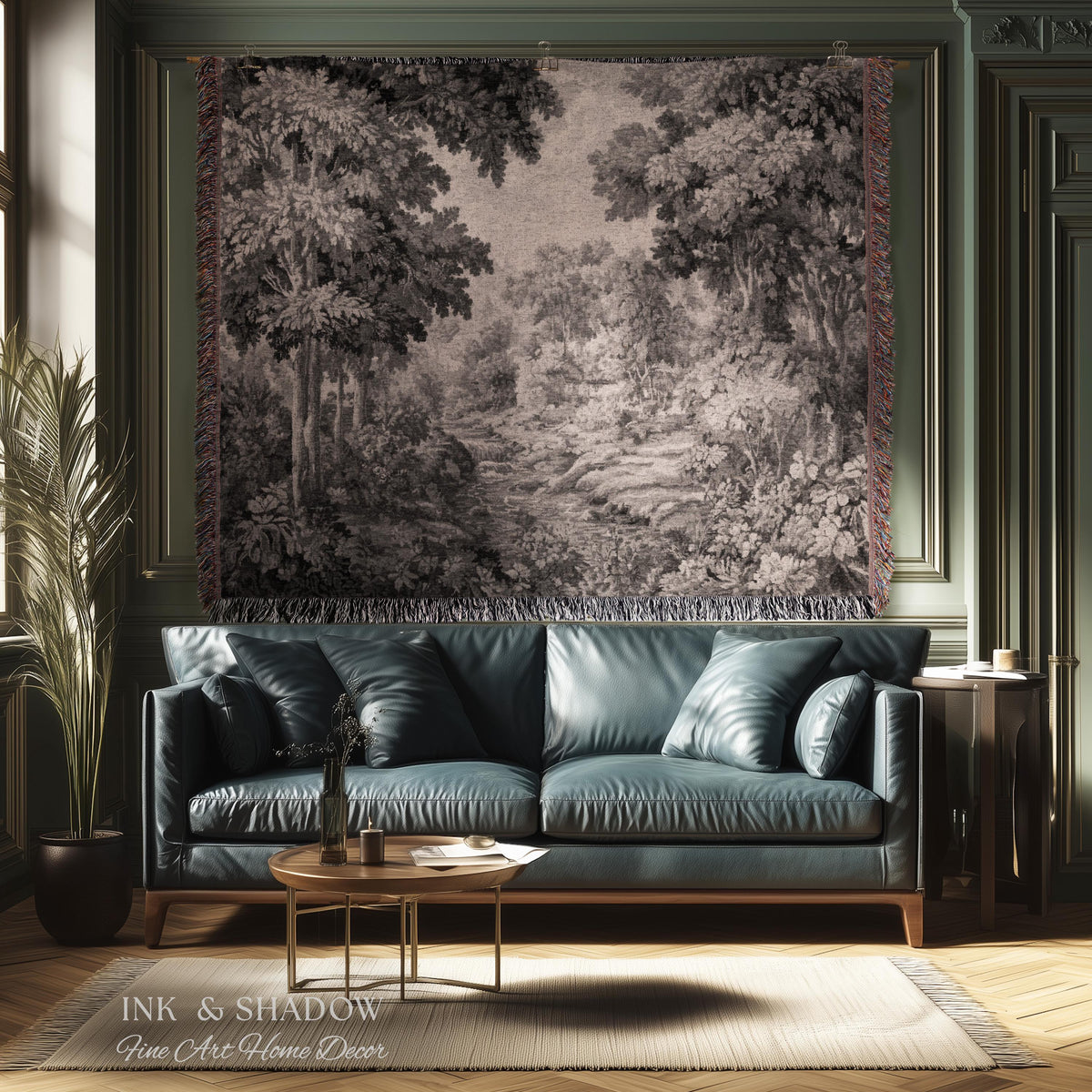 Soft Monochrome Scenic Landscape Tapestry Wall Hanging | Neutral Gray Woodland Stream Botanical Grove Woven Throw Classical Art Home Decor